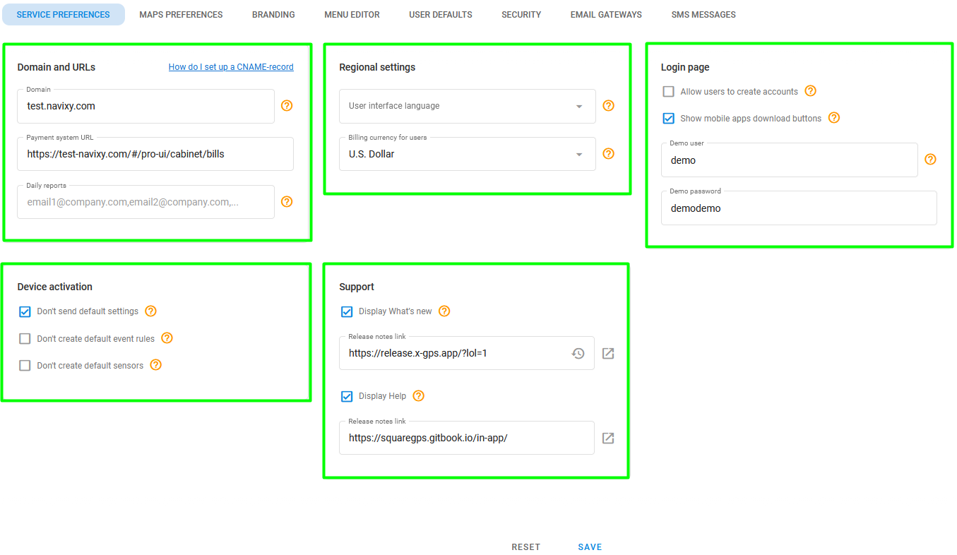 Service preferences page